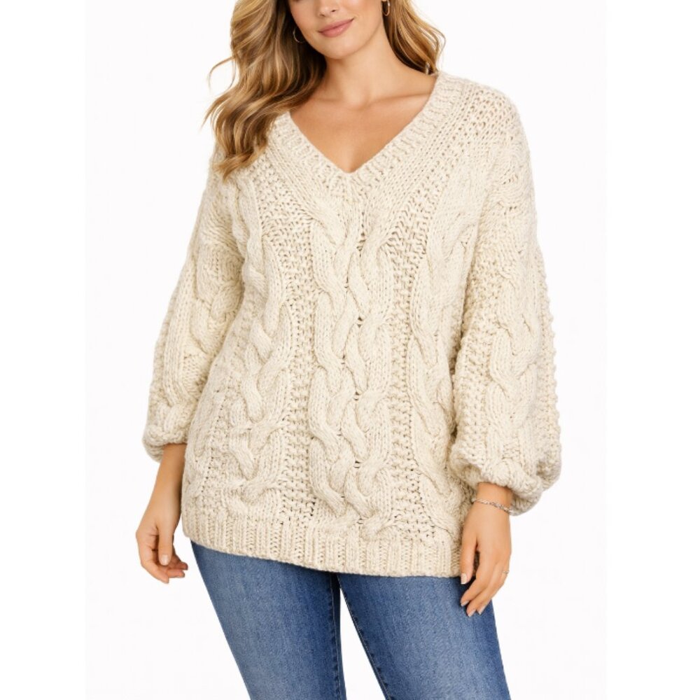 POL Women's Cream V-Neck Cable Knit Sweater Oversized Small